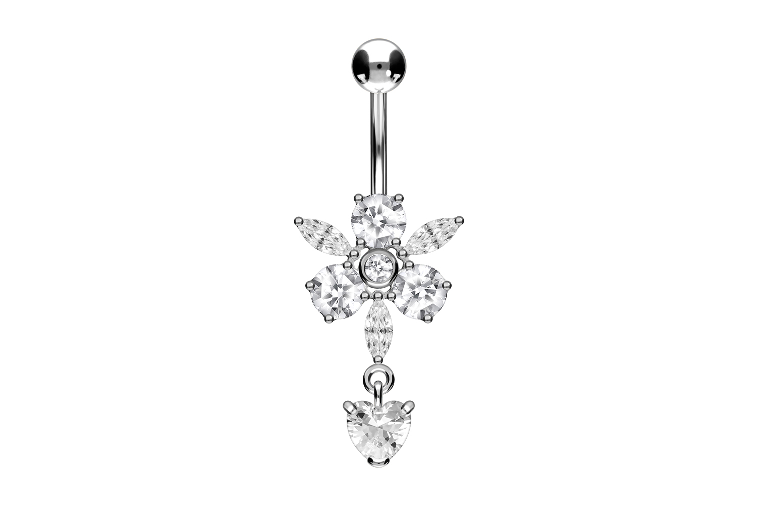 Titan Bananabell Piercing mit 925er Silber-Design KRISTALLBLUME + HERZANHÄNGER